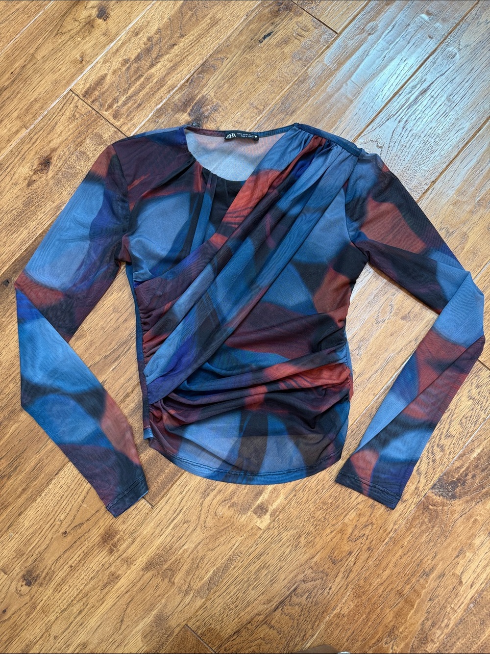 Zara Blue & Burgundy Sheer Mesh Draped Long Sleeve Top